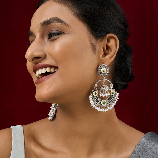 Teejh Dharal Green Stone Silver Chandbali