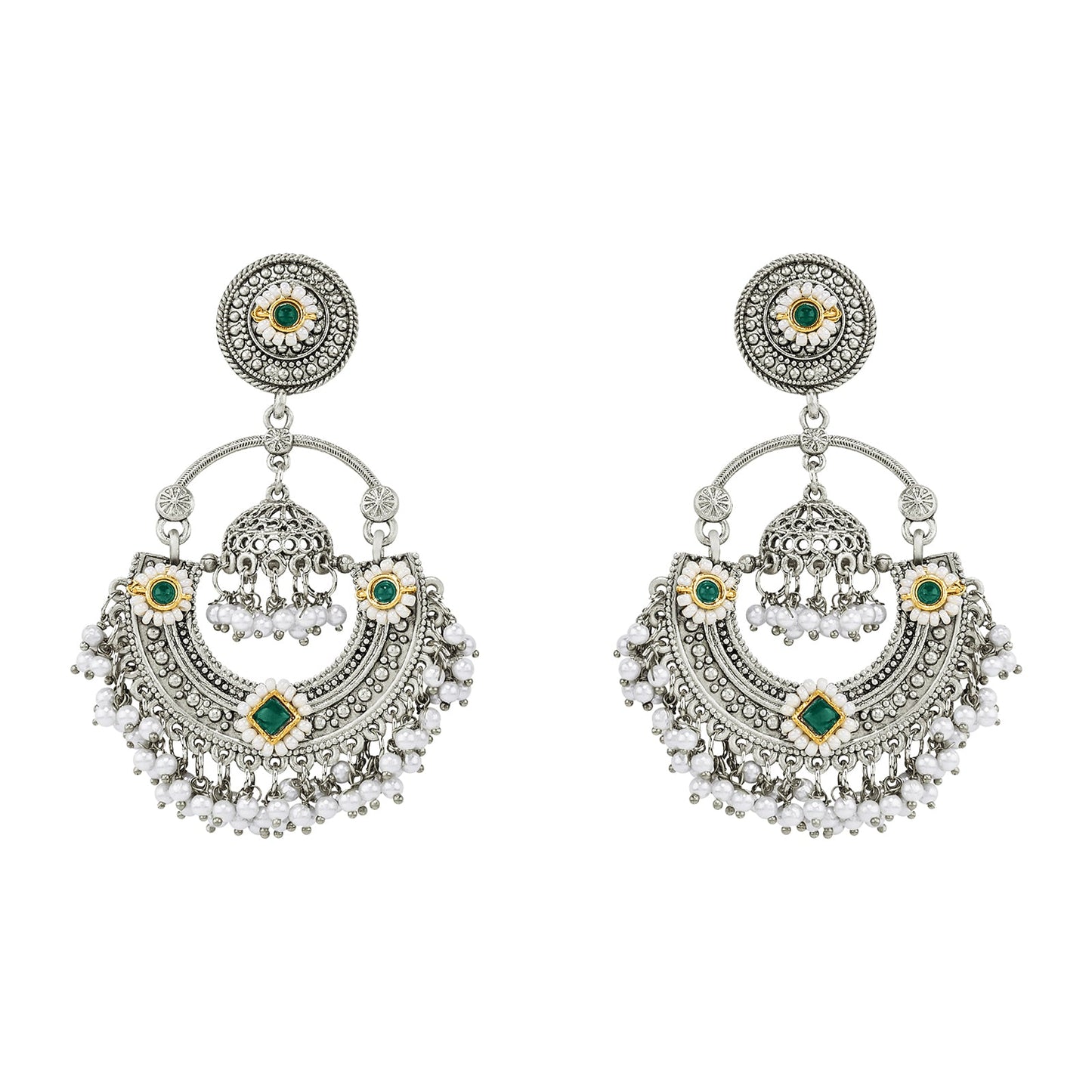 Teejh Dharal Green Stone Silver Chandbali