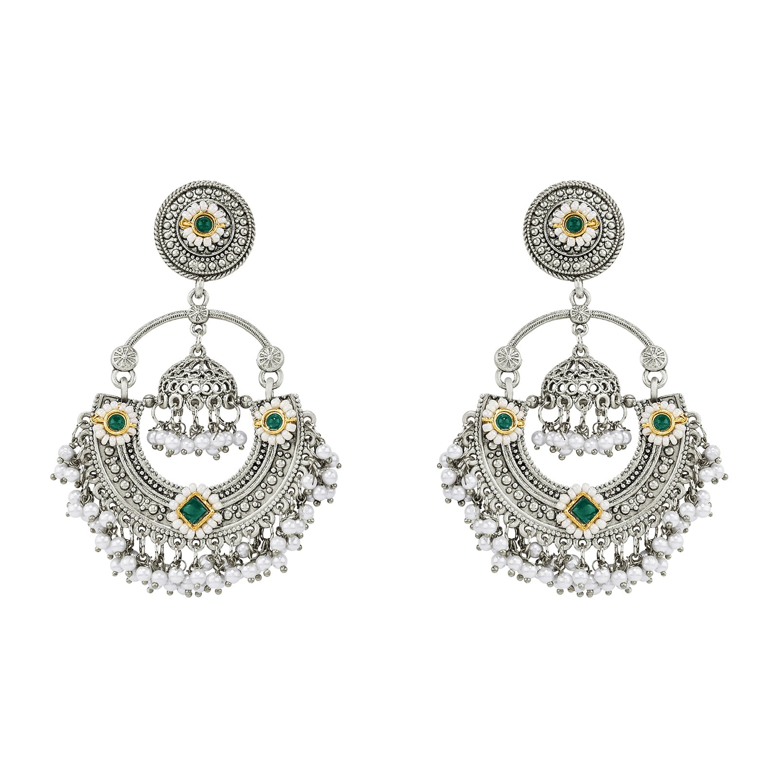 Teejh Dharal Green Stone Silver Chandbali