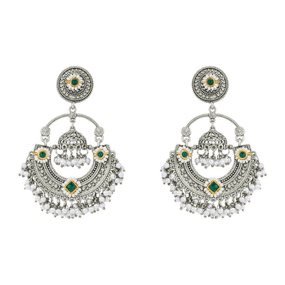 Teejh Dharal Green Stone Silver Chandbali