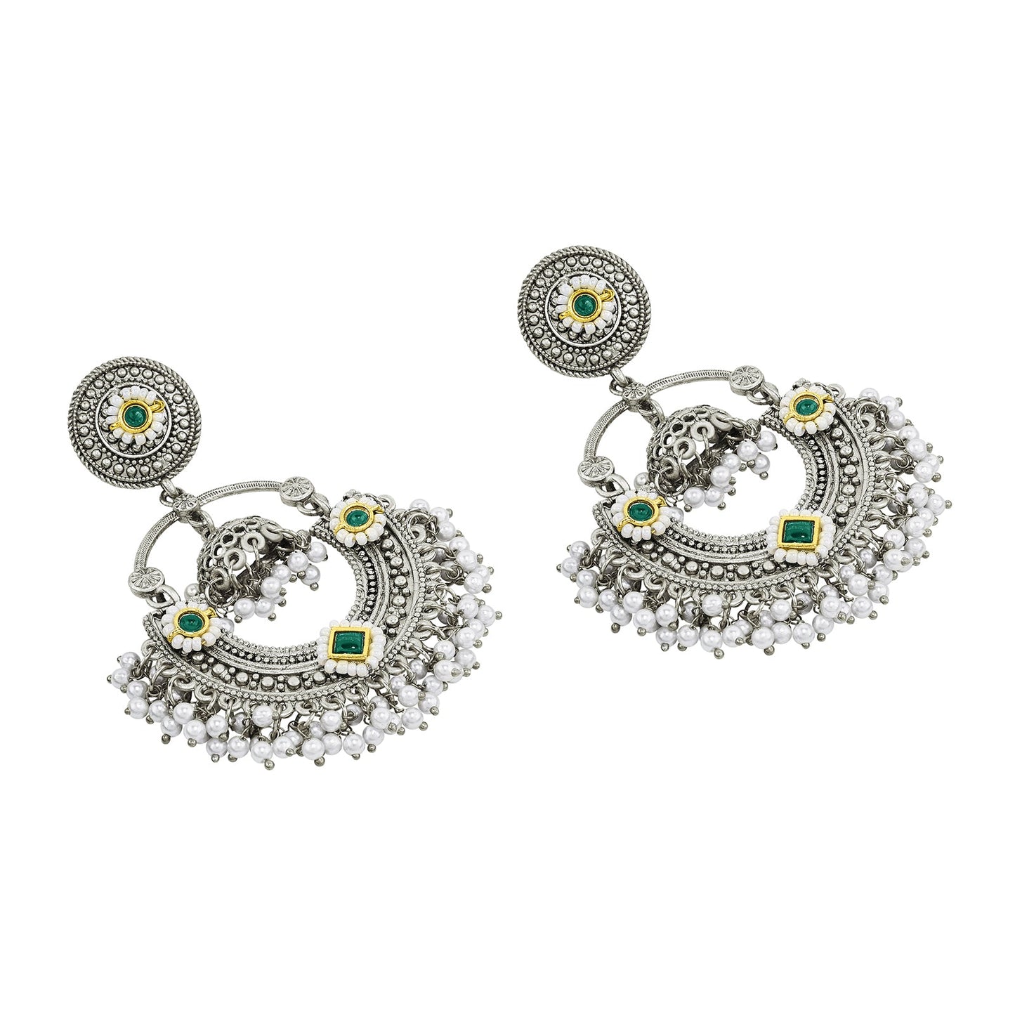 Teejh Dharal Green Stone Silver Chandbali