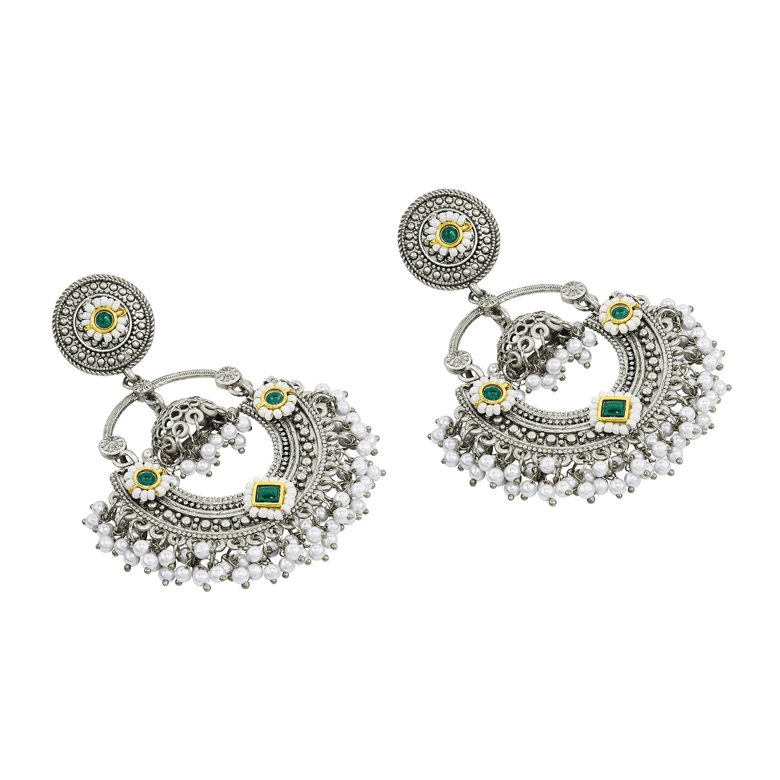 Teejh Dharal Green Stone Silver Chandbali