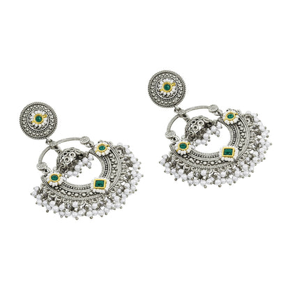 Teejh Dharal Green Stone Silver Chandbali