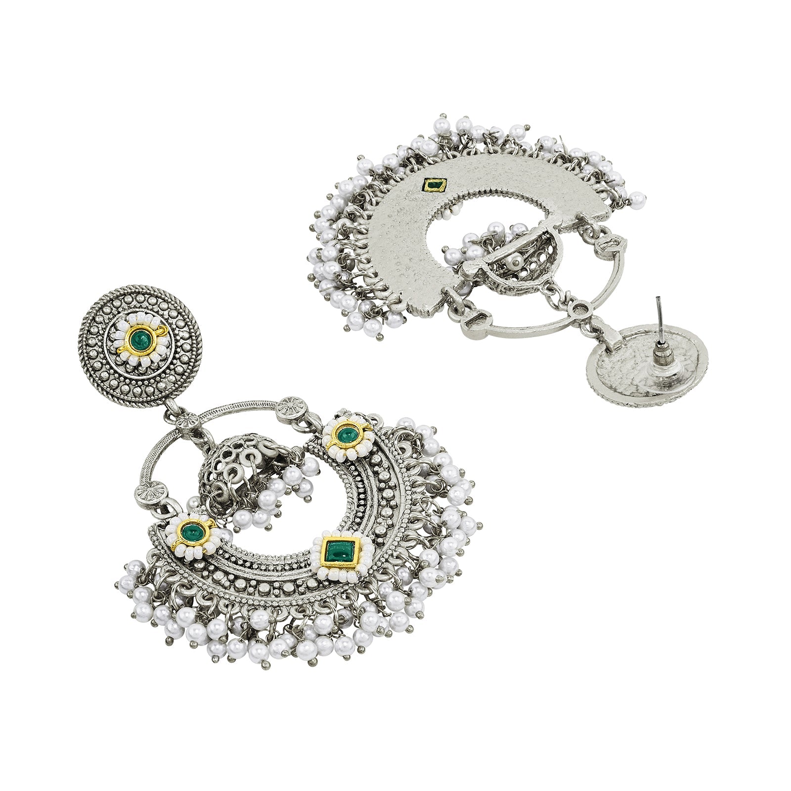 Teejh Dharal Green Stone Silver Chandbali