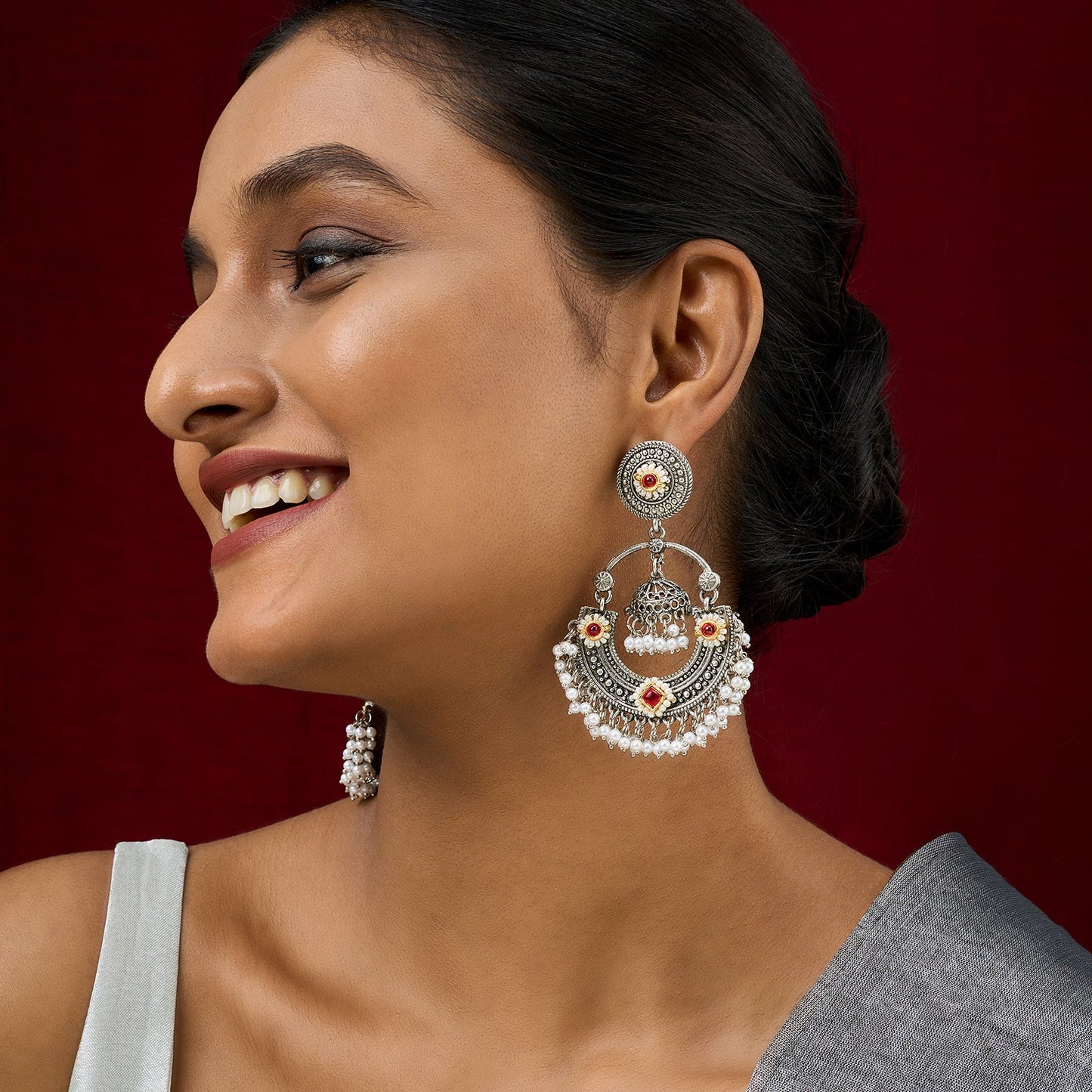 Teejh Dharal Red Stone Silver Chandbali