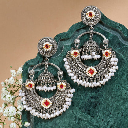 Teejh Dharal Red Stone Silver Chandbali