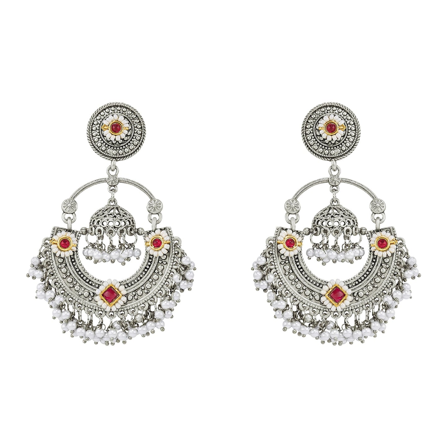 Teejh Dharal Red Stone Silver Chandbali