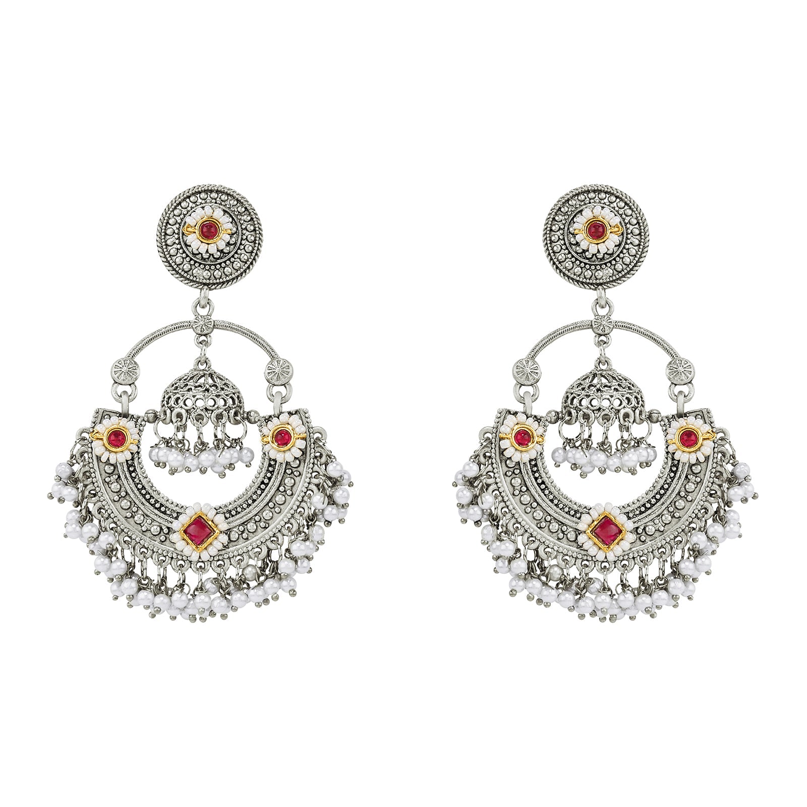 Teejh Dharal Red Stone Silver Chandbali