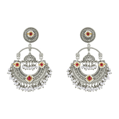 Teejh Dharal Red Stone Silver Chandbali