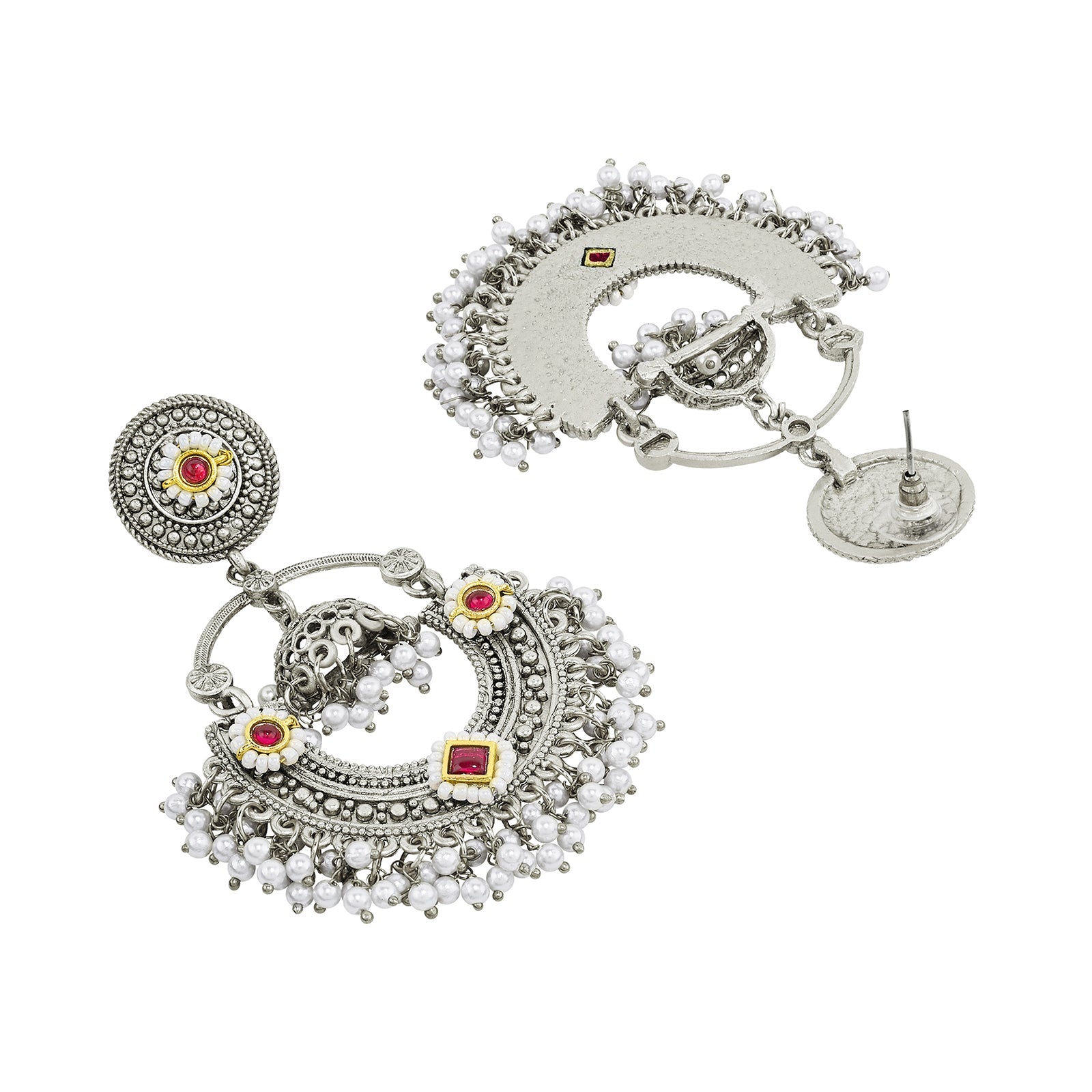Teejh Dharal Red Stone Silver Chandbali
