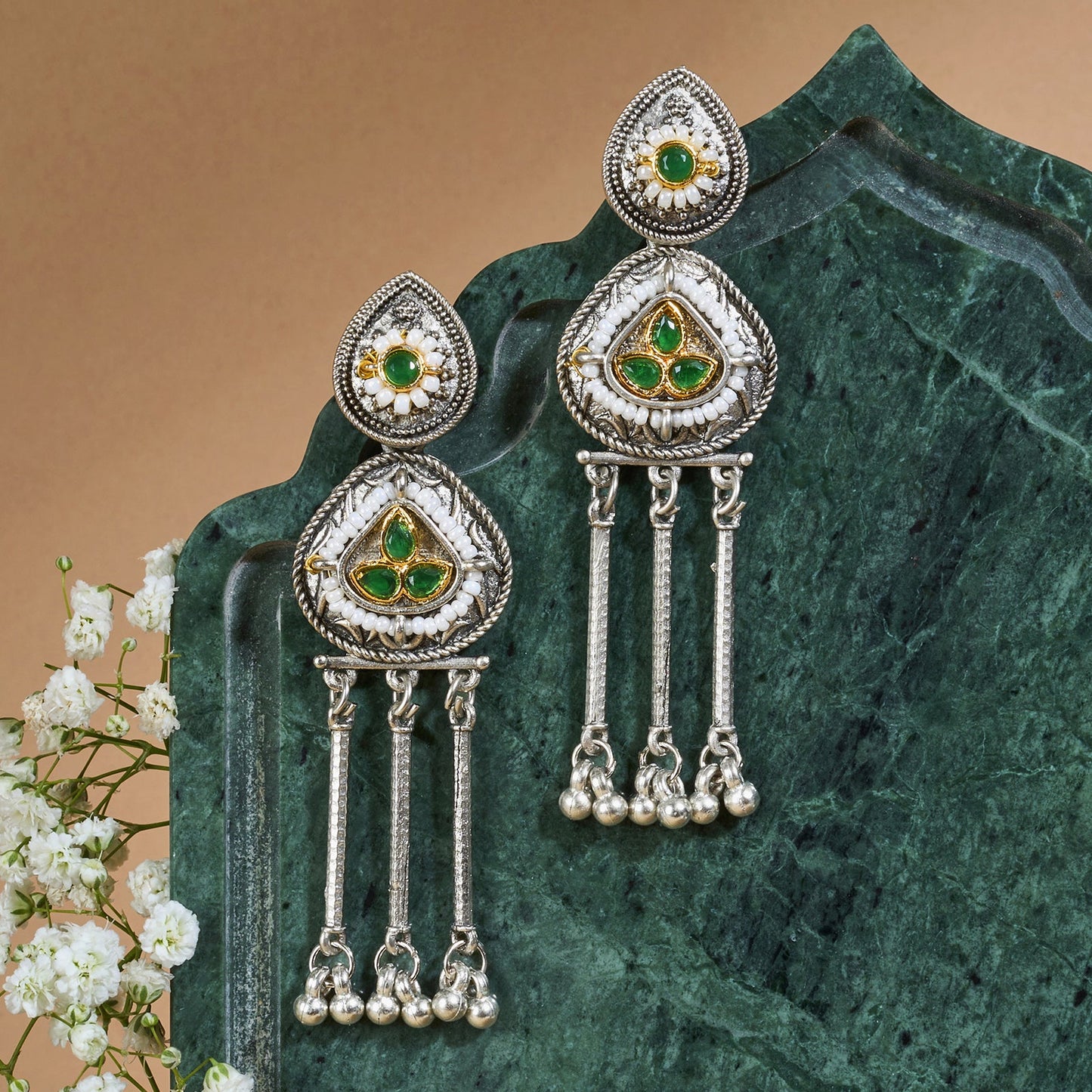 Teejh Amara Silver Green Stone Danglers