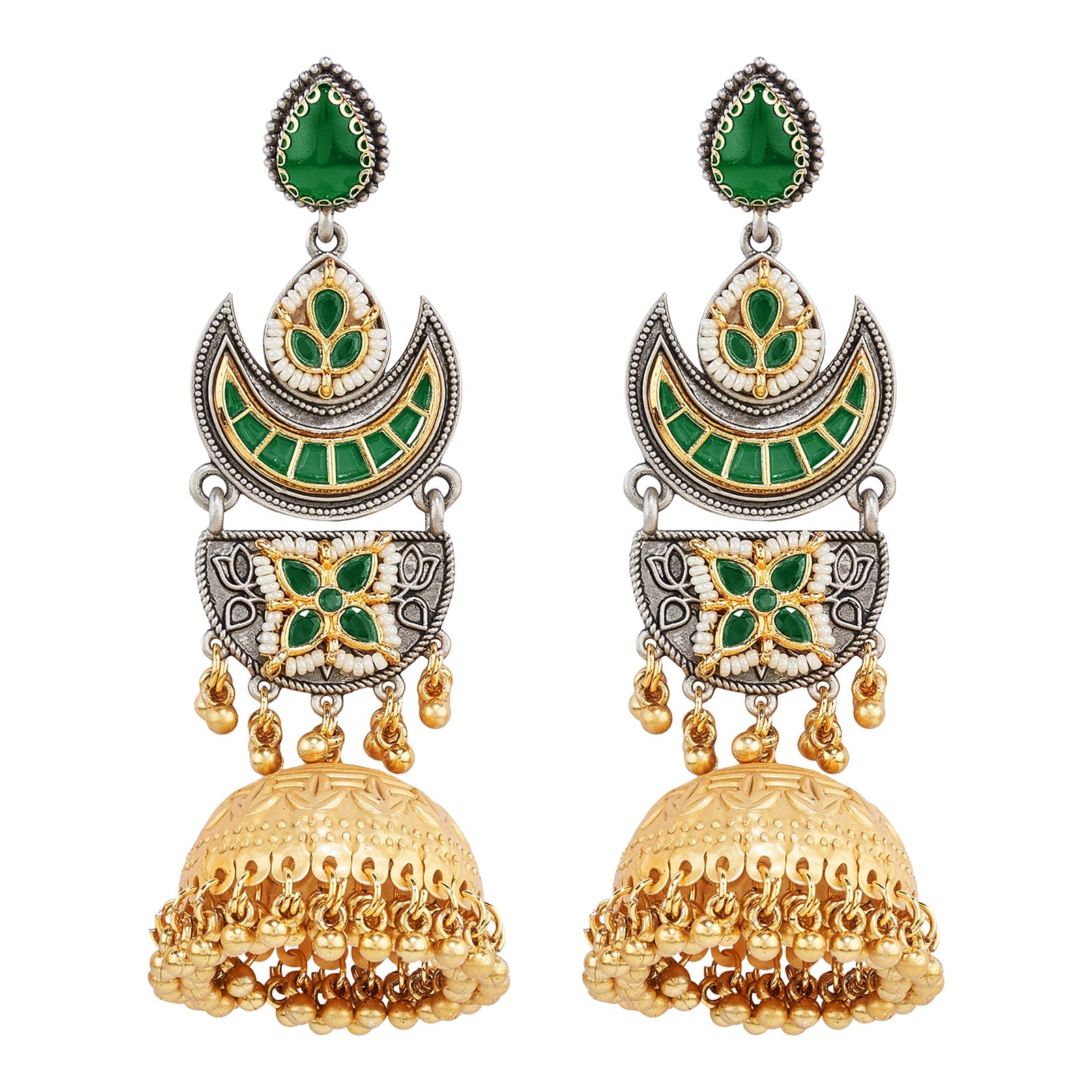 Teejh Sanyutha Dual Tone Green Stones Jhumkas
