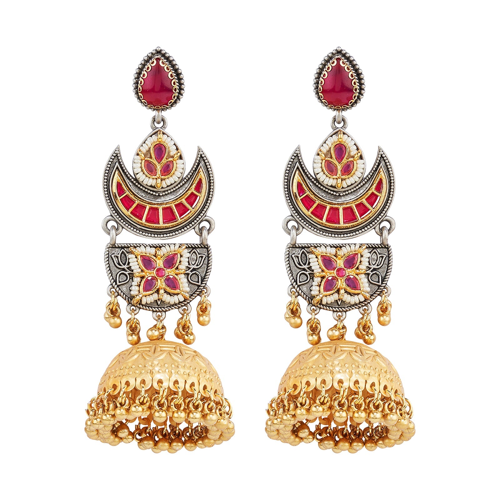 Teejh Sanyutha Dual Tone Red Stones Jhumkas