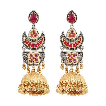 Teejh Sanyutha Dual Tone Red Stones Jhumkas