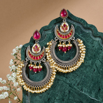 Teejh Yugah Dual Tone Red Ghungroo Chandbali