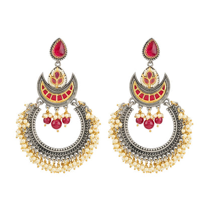 Teejh Yugah Dual Tone Red Ghungroo Chandbali