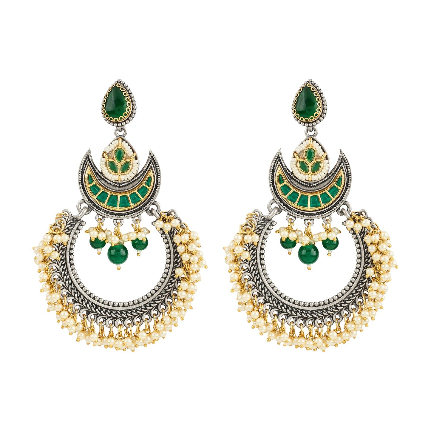Teejh Yugah Dual Tone Green Ghungroo Chandbali