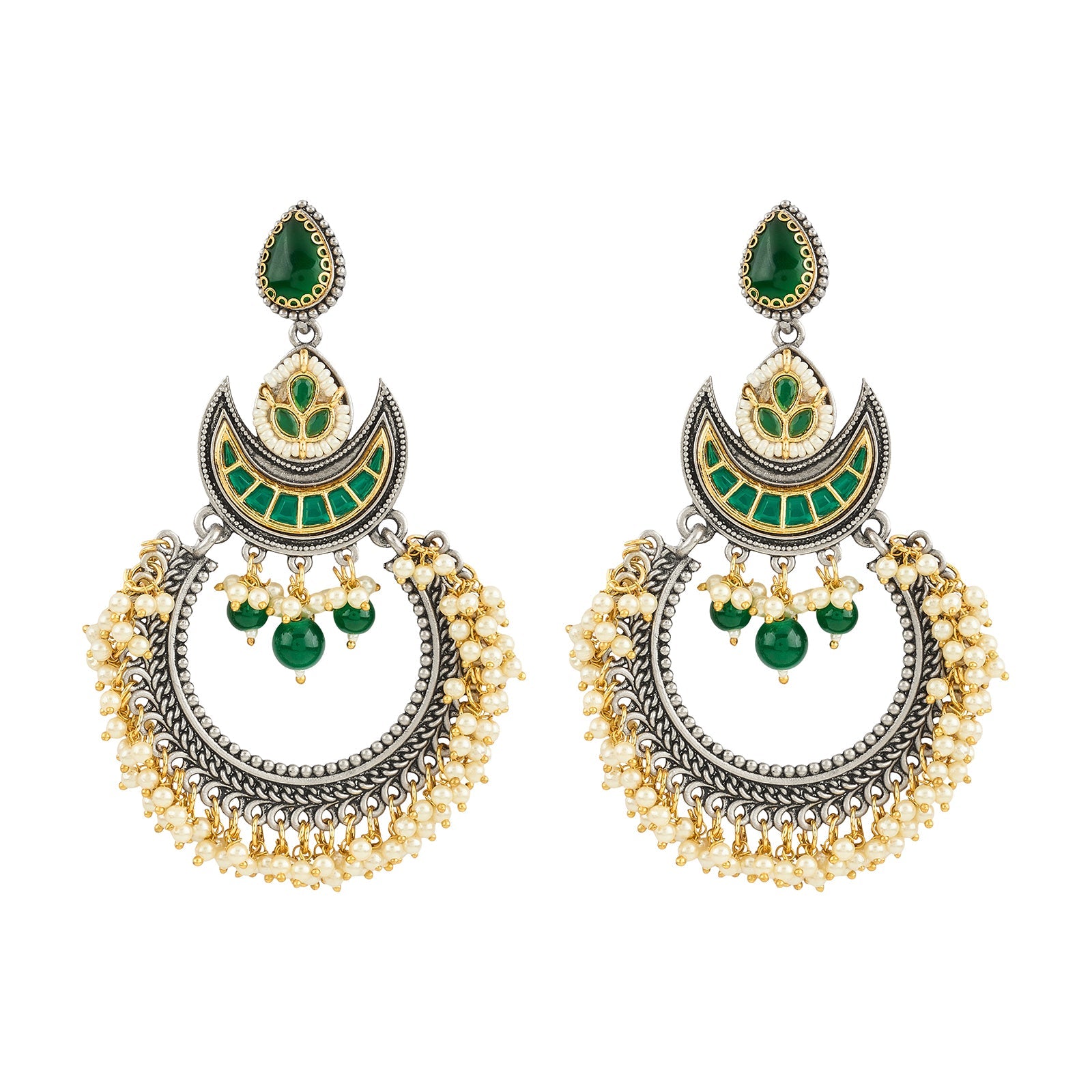 Teejh Yugah Dual Tone Green Ghungroo Chandbali