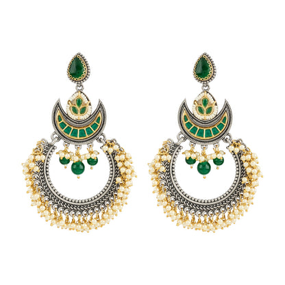 Teejh Yugah Dual Tone Green Ghungroo Chandbali
