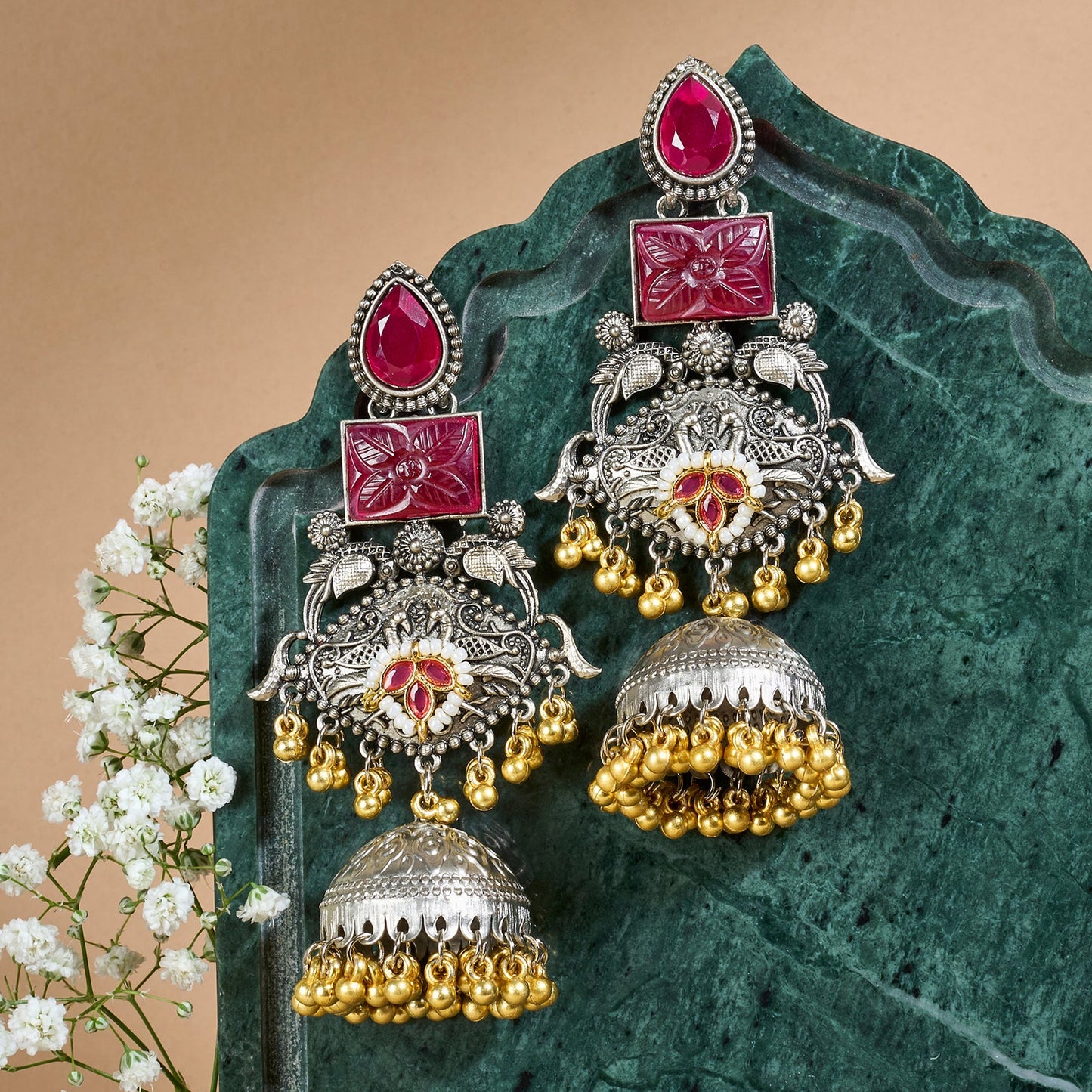 Teejh Yaga Dual Tone Red Stones Ghungroo Jhumkas