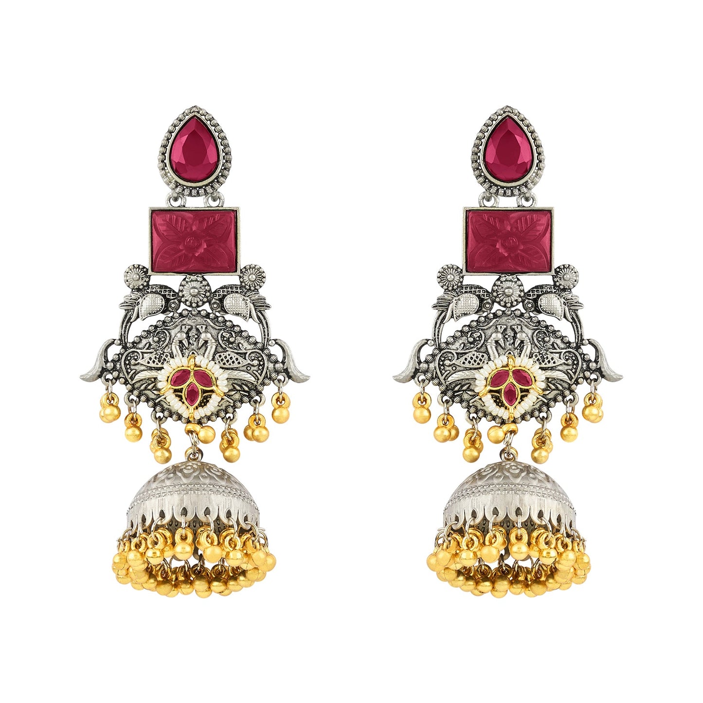 Teejh Yaga Dual Tone Red Stones Ghungroo Jhumkas