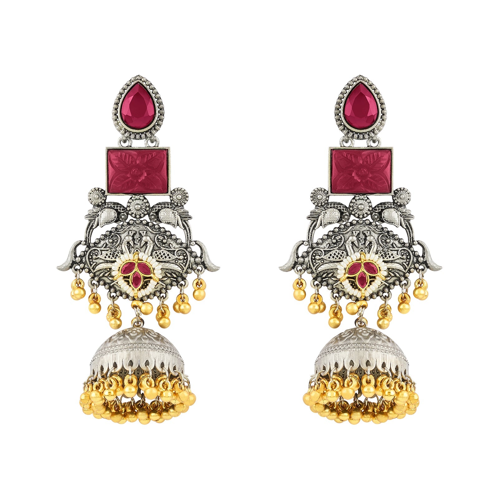 Teejh Yaga Dual Tone Red Stones Ghungroo Jhumkas