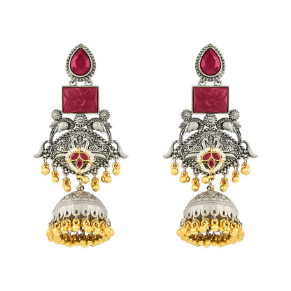 Teejh Yaga Dual Tone Red Stones Ghungroo Jhumkas