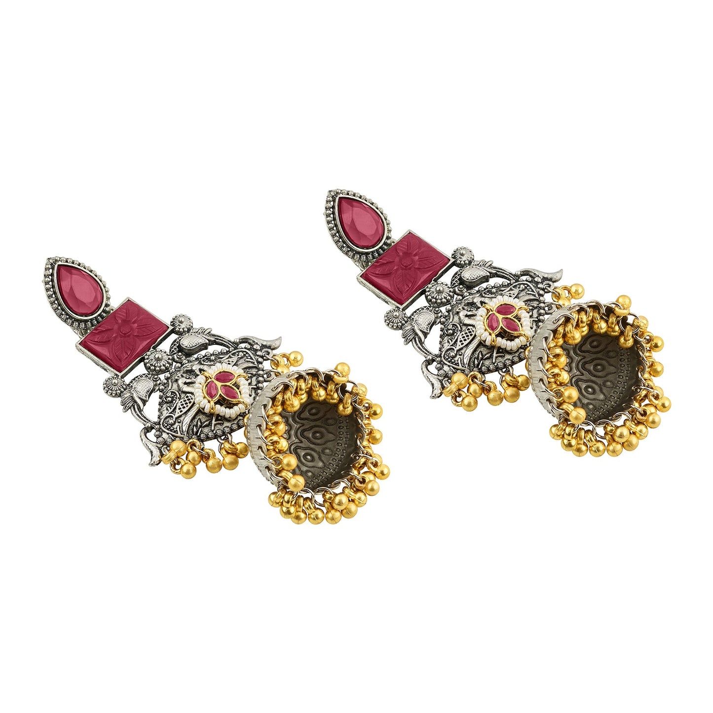 Teejh Yaga Dual Tone Red Stones Ghungroo Jhumkas