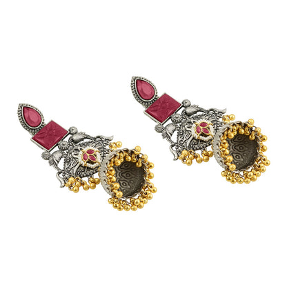 Teejh Yaga Dual Tone Red Stones Ghungroo Jhumkas