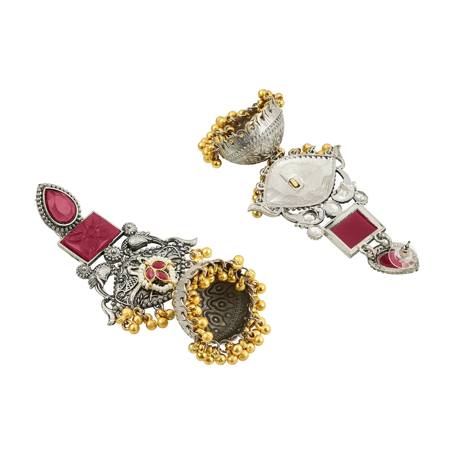 Teejh Yaga Dual Tone Red Stones Ghungroo Jhumkas
