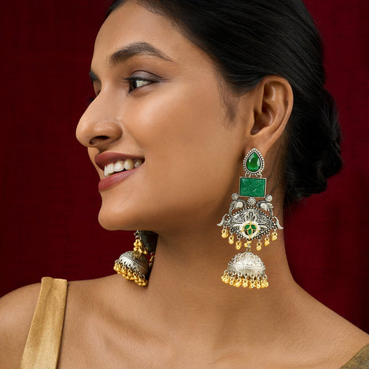 Teejh Yaga Dual Tone Green Stones Ghungroo Jhumkas