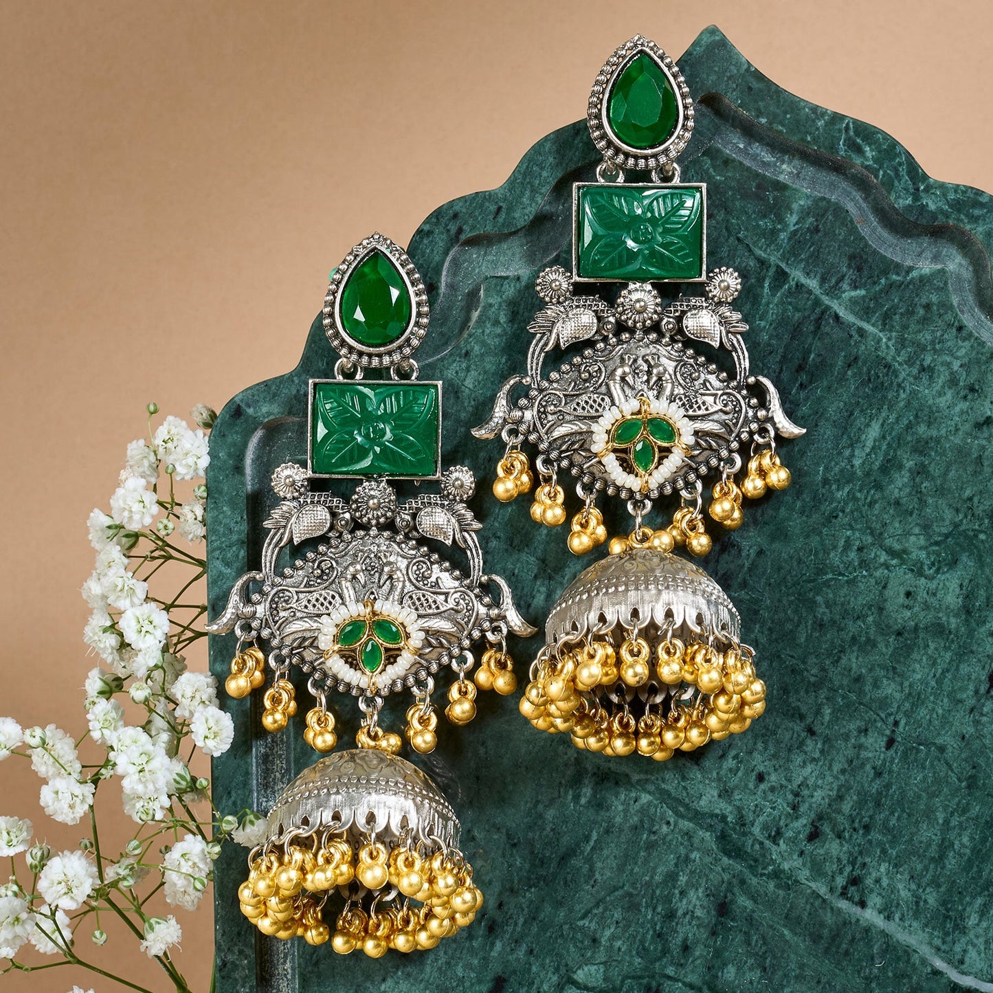 Teejh Yaga Dual Tone Green Stones Ghungroo Jhumkas