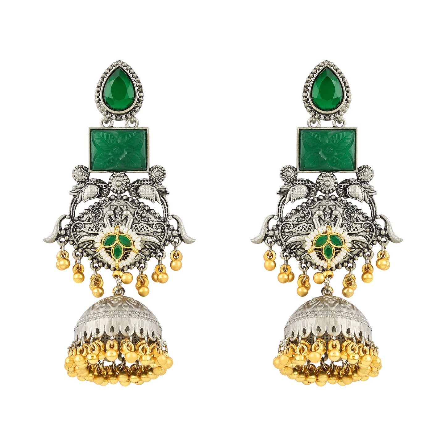 Teejh Yaga Dual Tone Green Stones Ghungroo Jhumkas