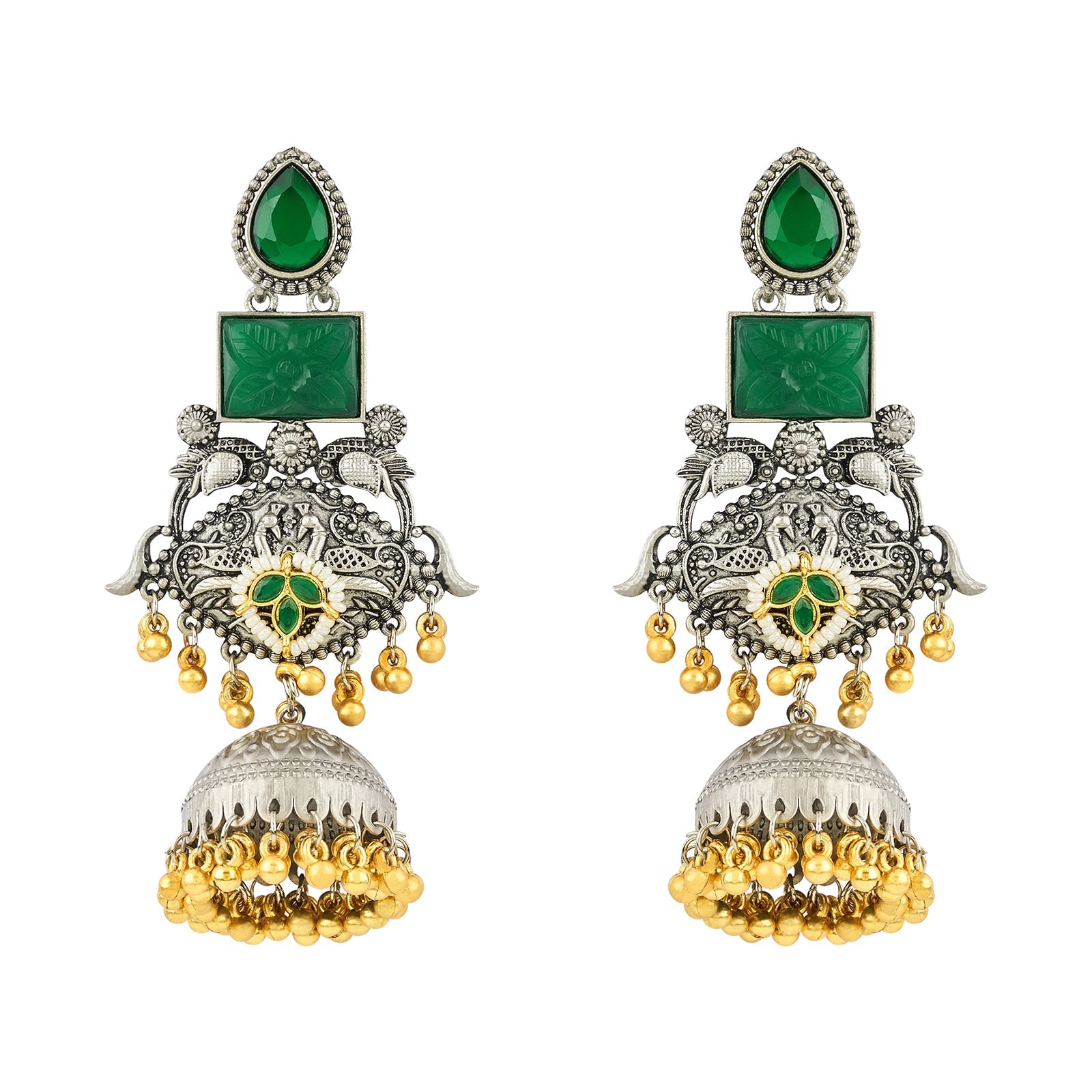 Teejh Yaga Dual Tone Green Stones Ghungroo Jhumkas
