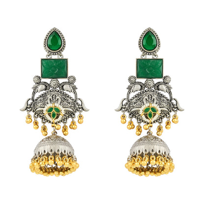 Teejh Yaga Dual Tone Green Stones Ghungroo Jhumkas