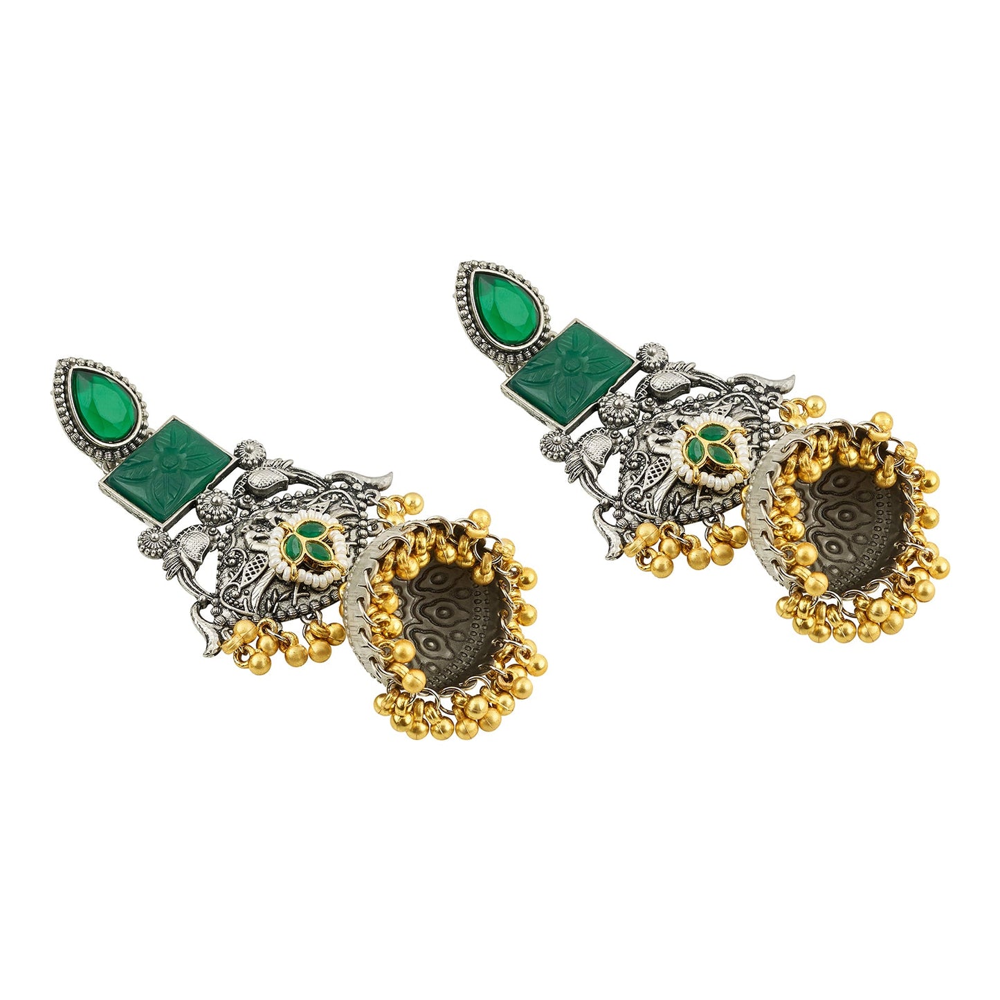 Teejh Yaga Dual Tone Green Stones Ghungroo Jhumkas