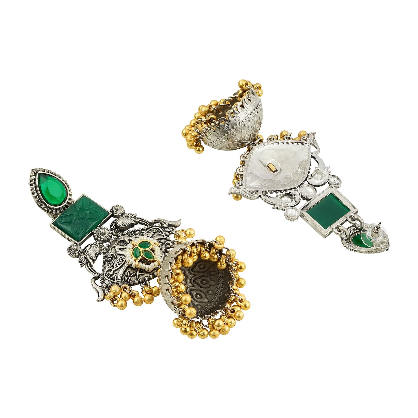 Teejh Yaga Dual Tone Green Stones Ghungroo Jhumkas