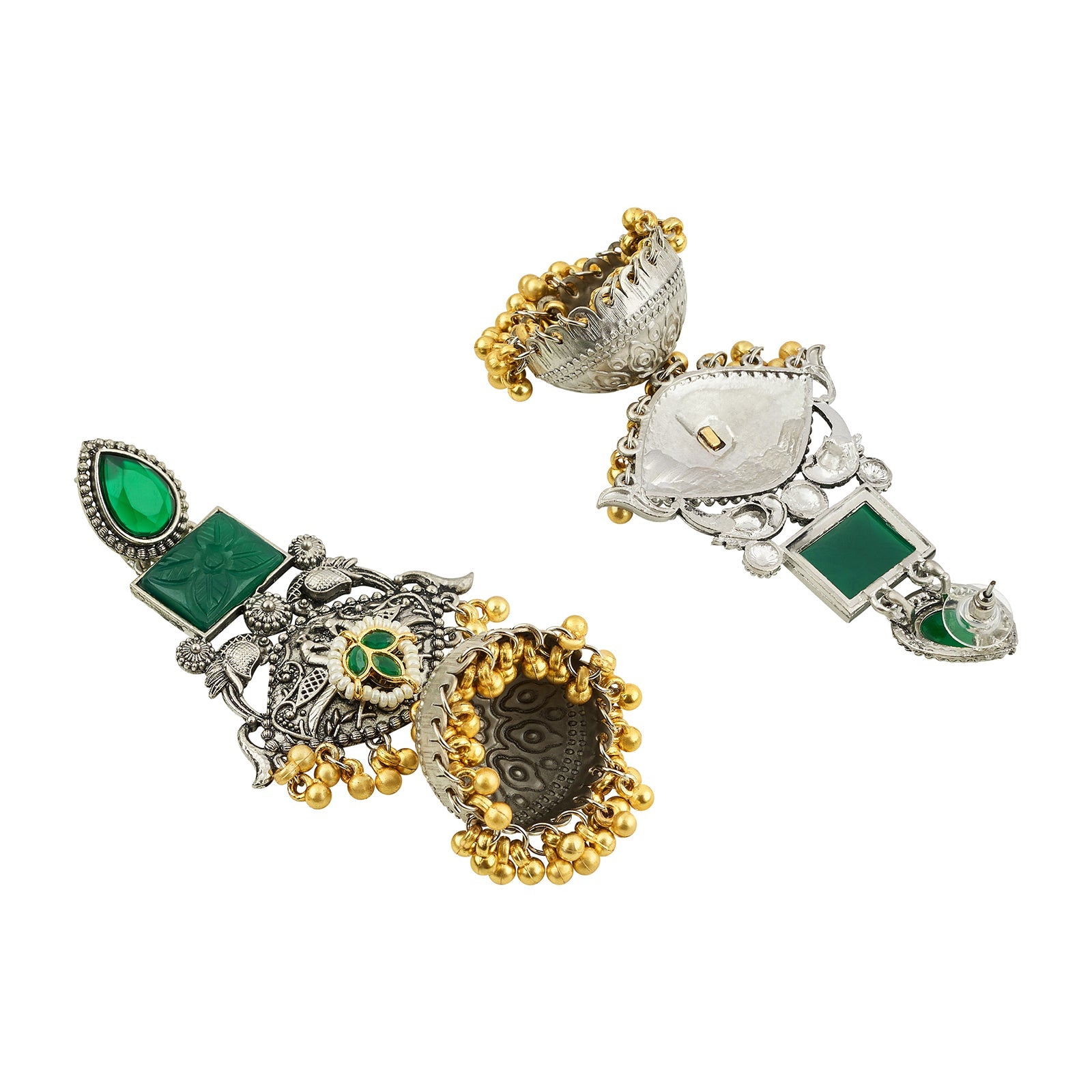 Teejh Yaga Dual Tone Green Stones Ghungroo Jhumkas