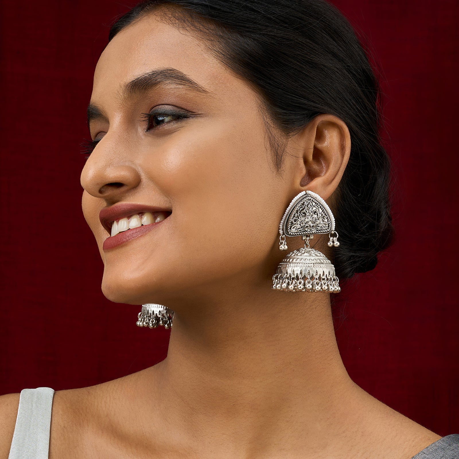 Teejh Noorva Silver Ghungroo Jhumkas