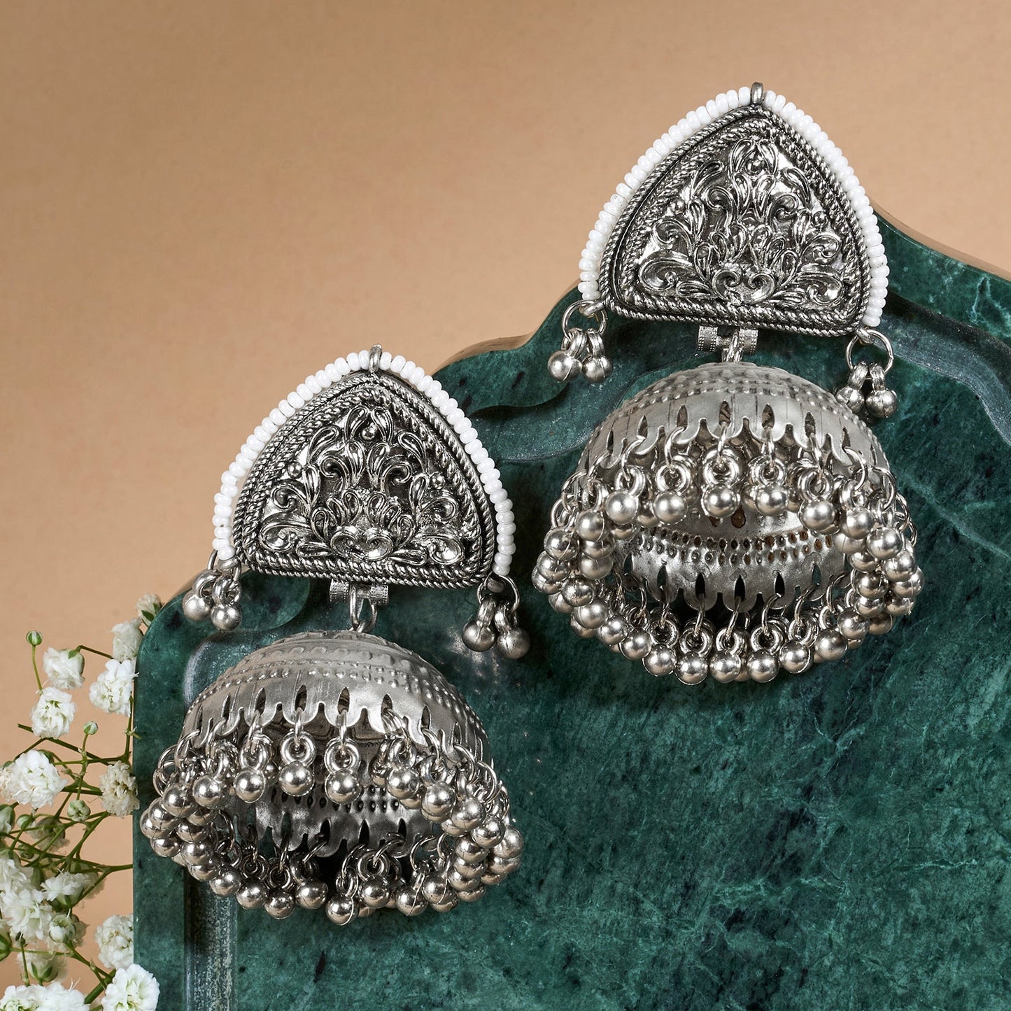 Teejh Noorva Silver Ghungroo Jhumkas