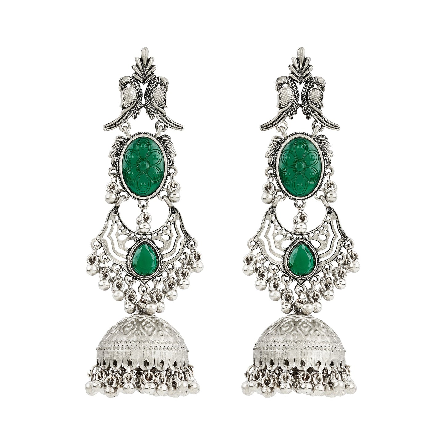 Teejh Shanka Silver and Green Stones Jhumkas