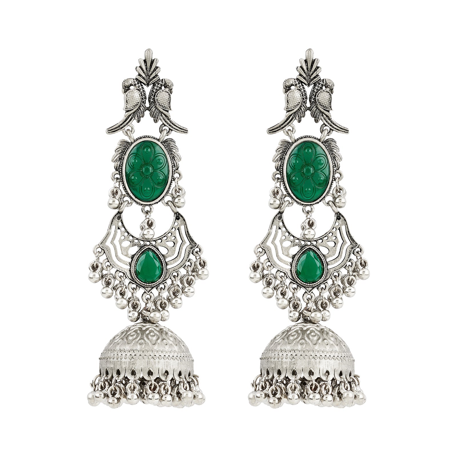 Teejh Shanka Silver and Green Stones Jhumkas