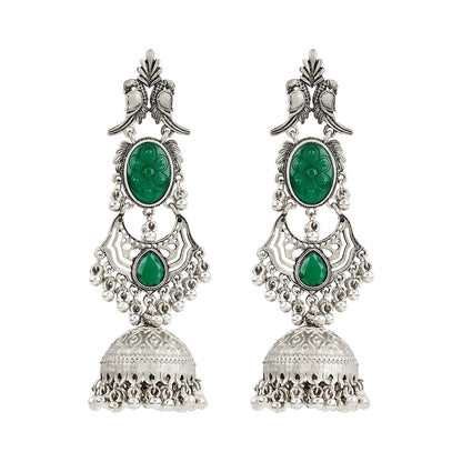Teejh Shanka Silver and Green Stones Jhumkas