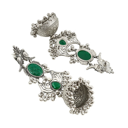 Teejh Shanka Silver and Green Stones Jhumkas