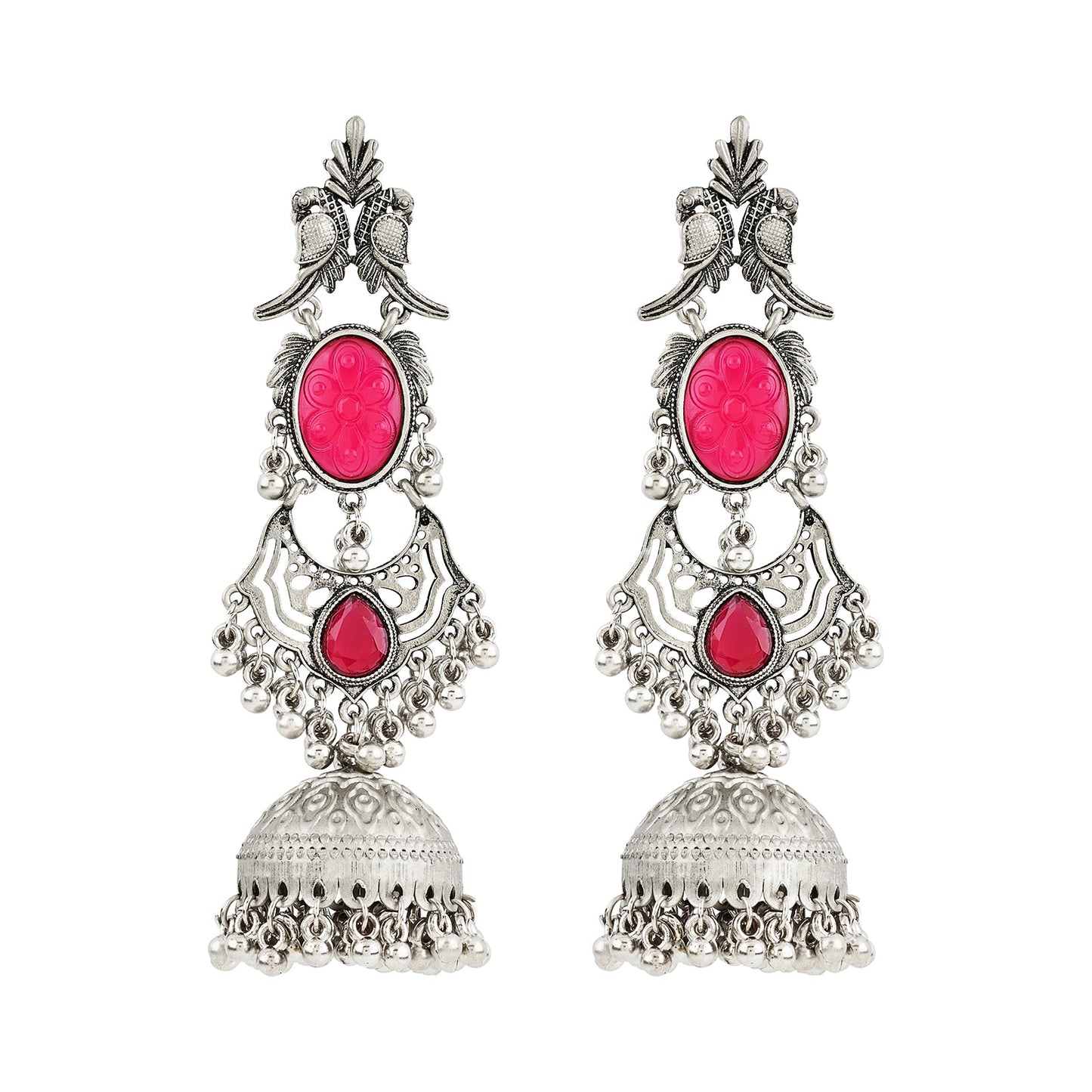 Teejh Shanka Silver and Red Stones Jhumkas