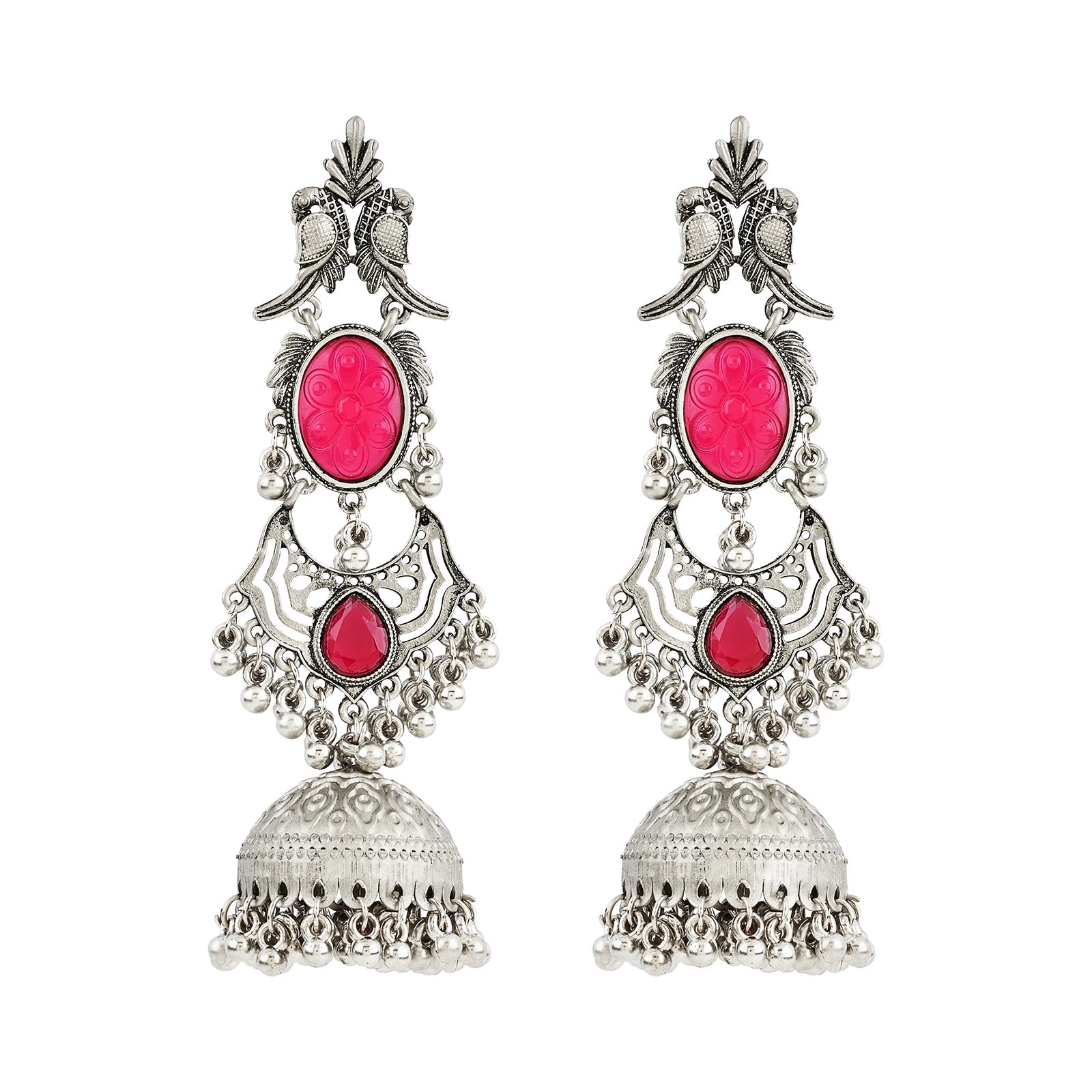 Teejh Shanka Silver and Red Stones Jhumkas