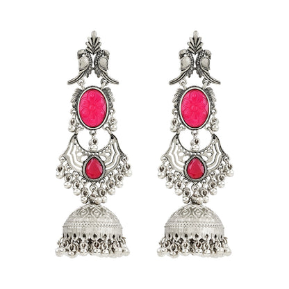 Teejh Shanka Silver and Red Stones Jhumkas