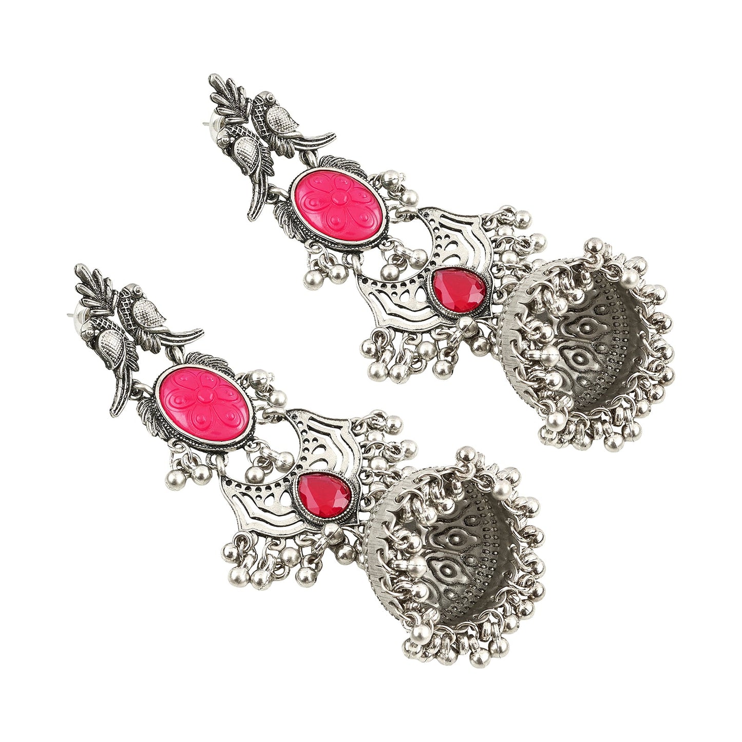 Teejh Shanka Silver and Red Stones Jhumkas