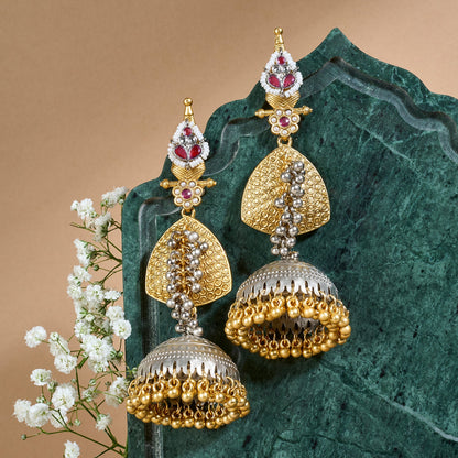 Teejh Dvi Dual Tone Red Ghungroo Jhumkas