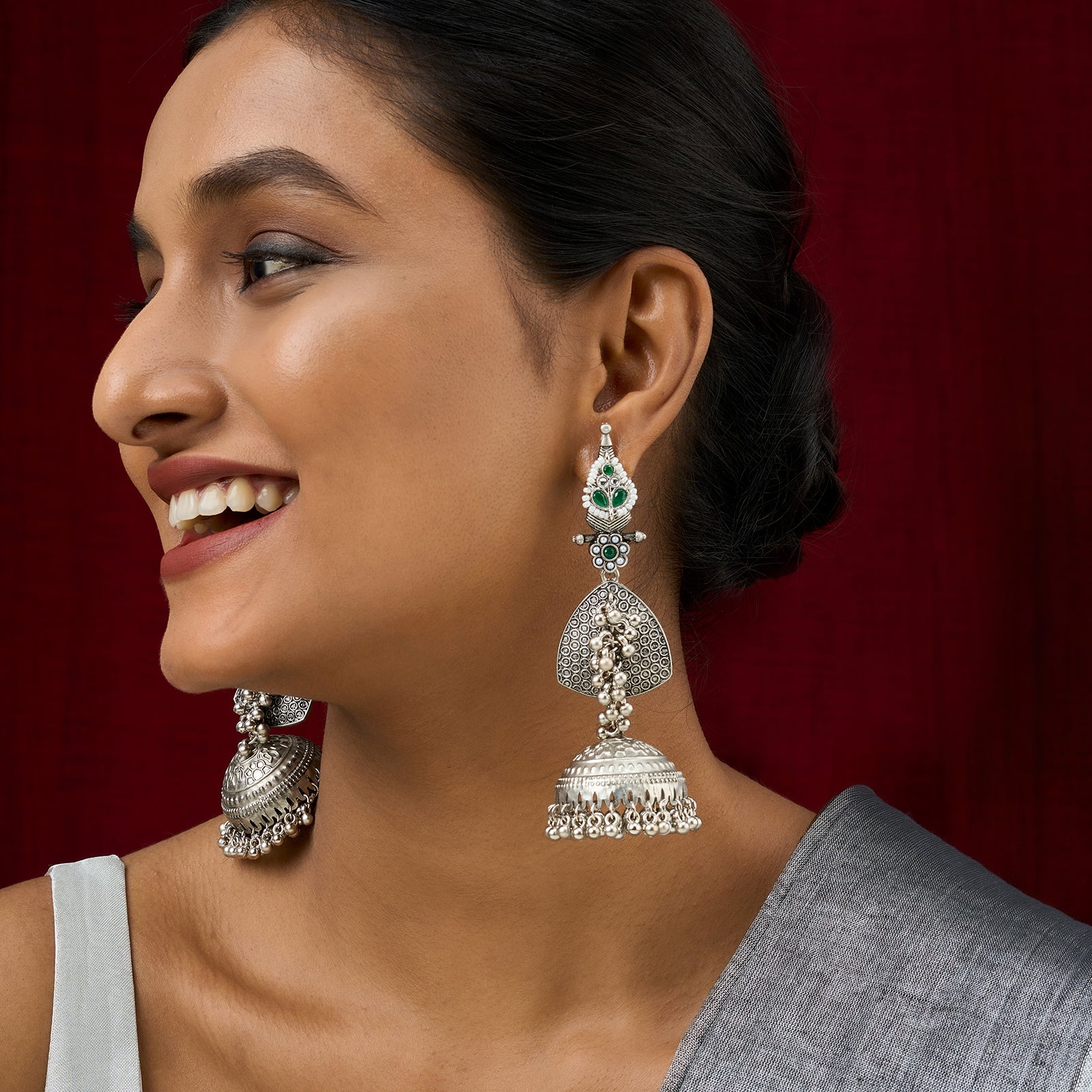 Teejh Dvi Silver and Green Ghungroo Jhumkas
